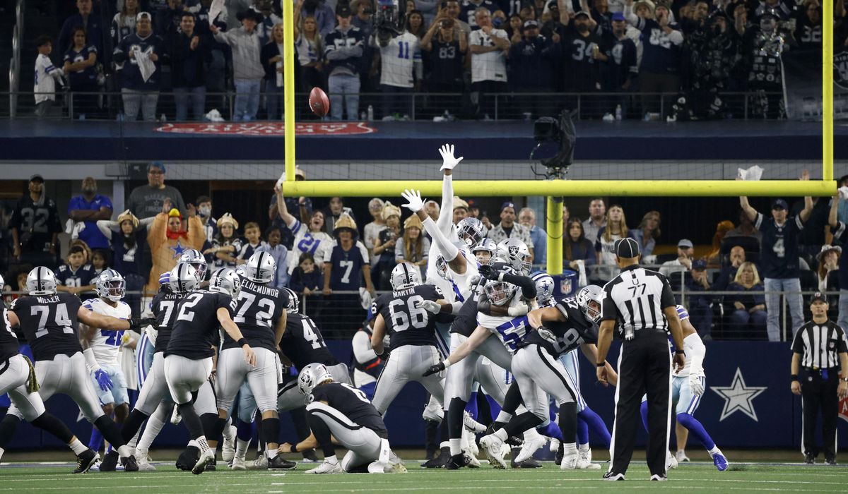 Raiders beat Cowboys 36-33 in OT on field goal after penalty